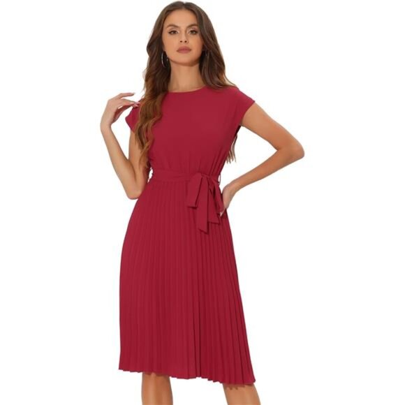 Women's Sleeve Tie Waist A-Line Dresses Wine Red - Picture 2 of 5
